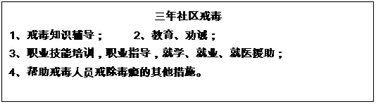 文本框: 三年社區(qū)戒毒 1、戒毒知識輔導； 2、教育、勸誡； 3、職業(yè)技能培訓，職業(yè)指導，就學、就業(yè)、就醫(yī)援助； 4、幫助戒毒人員戒除毒癮的其他措施。 