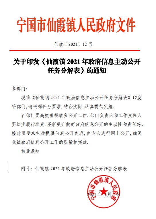 (此件公开发布)2021年3月1日附件:仙霞镇2021年政府信息主动公开任务