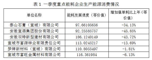 宣州区一季度规上工业能耗简析