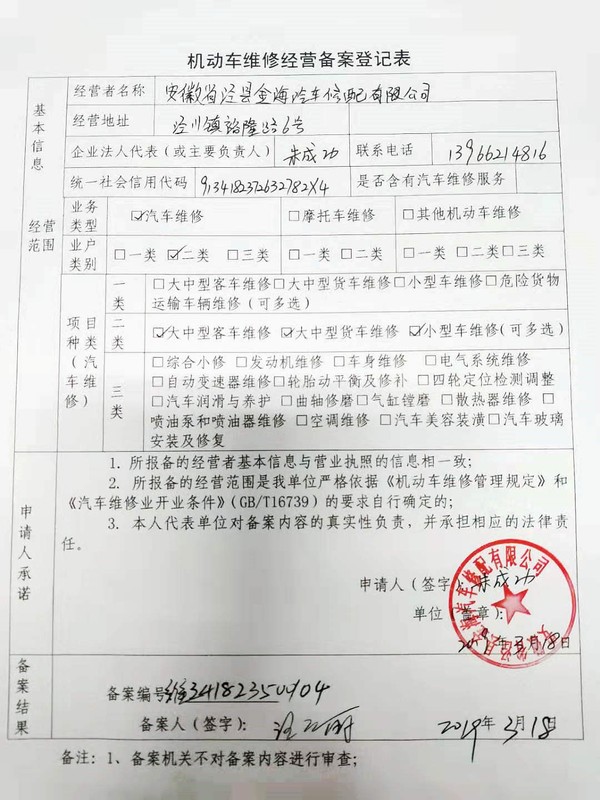 安徽省泾县金海汽车修配有限公司机动车维修经营备案公示 2019002